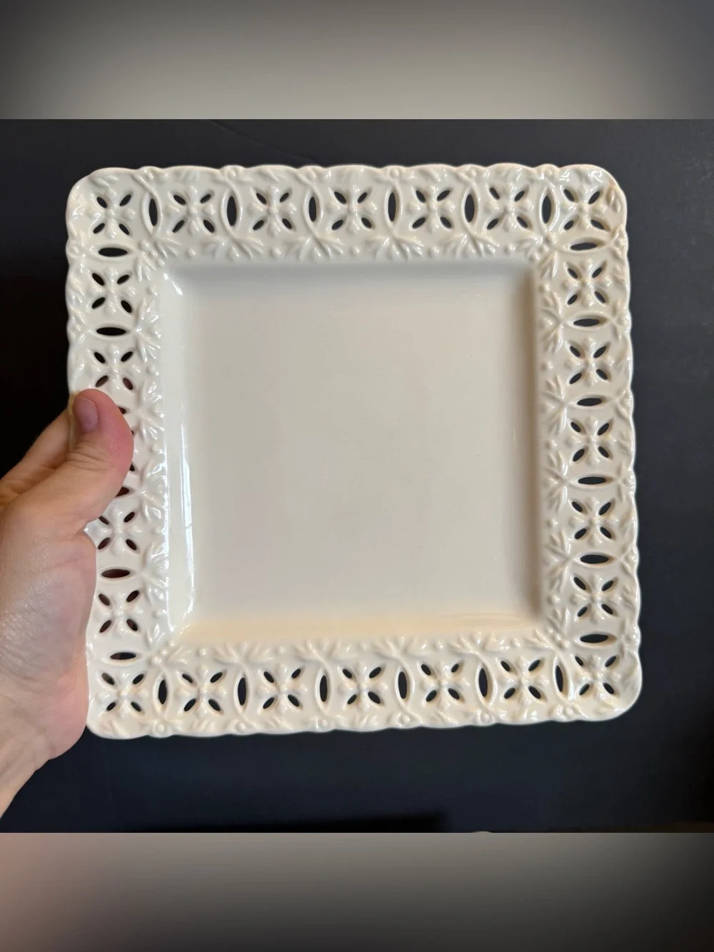 LOT of 3 L. Godinger &  Co. Square Desert Plates Ivory Lace Cut Out 8" - Picture 4 of 16